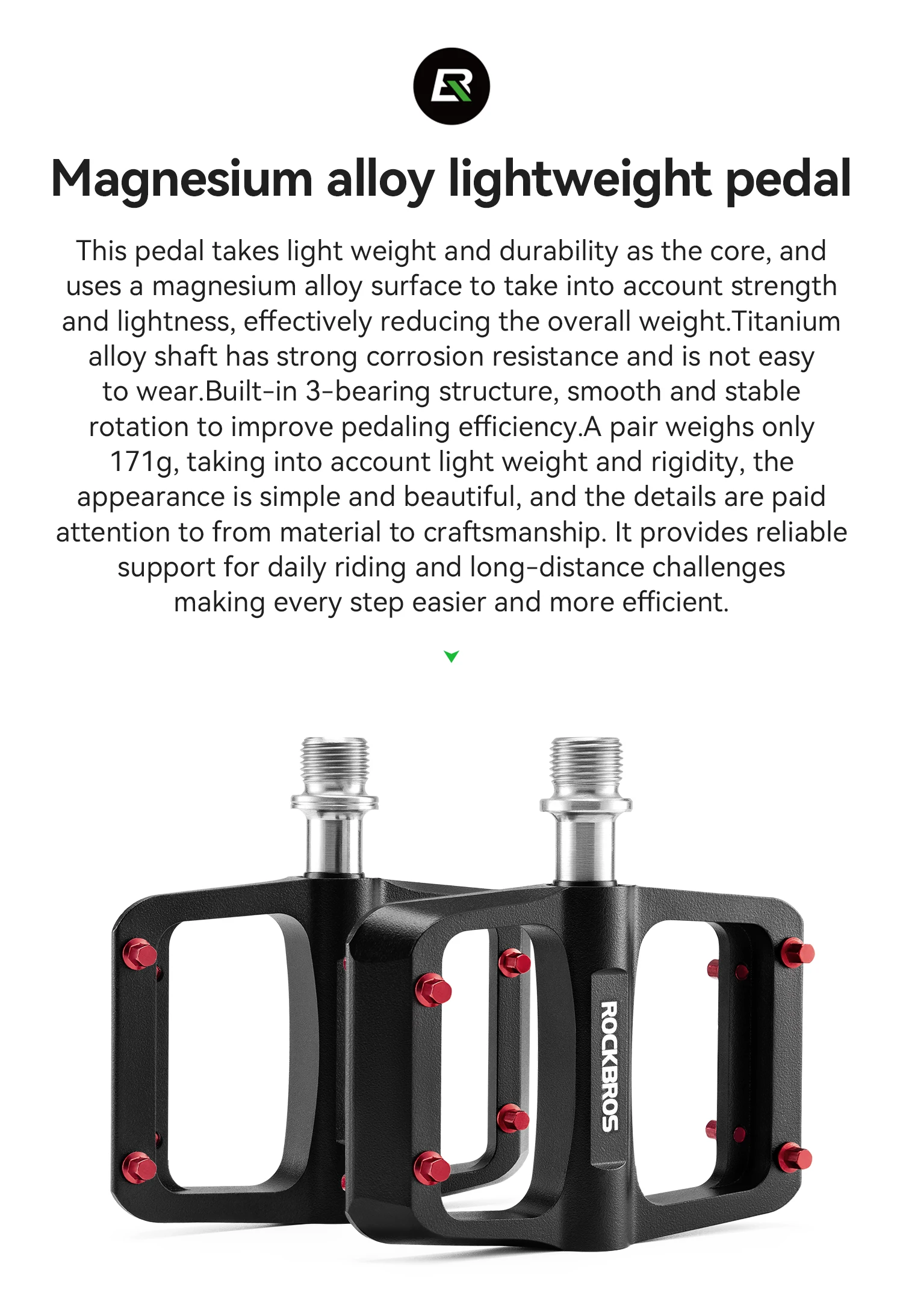 ROCKBROS Fahrradpedale links/rechts, leichtes Pedal, 3 Lager, Rennradpedal, verbreitertes Pedal aus Magnesiumlegierung, ultraleicht, 171 g – Detail 2