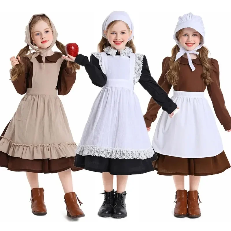 Pilgrim Girl Costume Colonial Farm Village Girl Costumes Pioneer Prairie Dress Child Kids 2-4Y 4-10Y 10-16Y Tween Teens