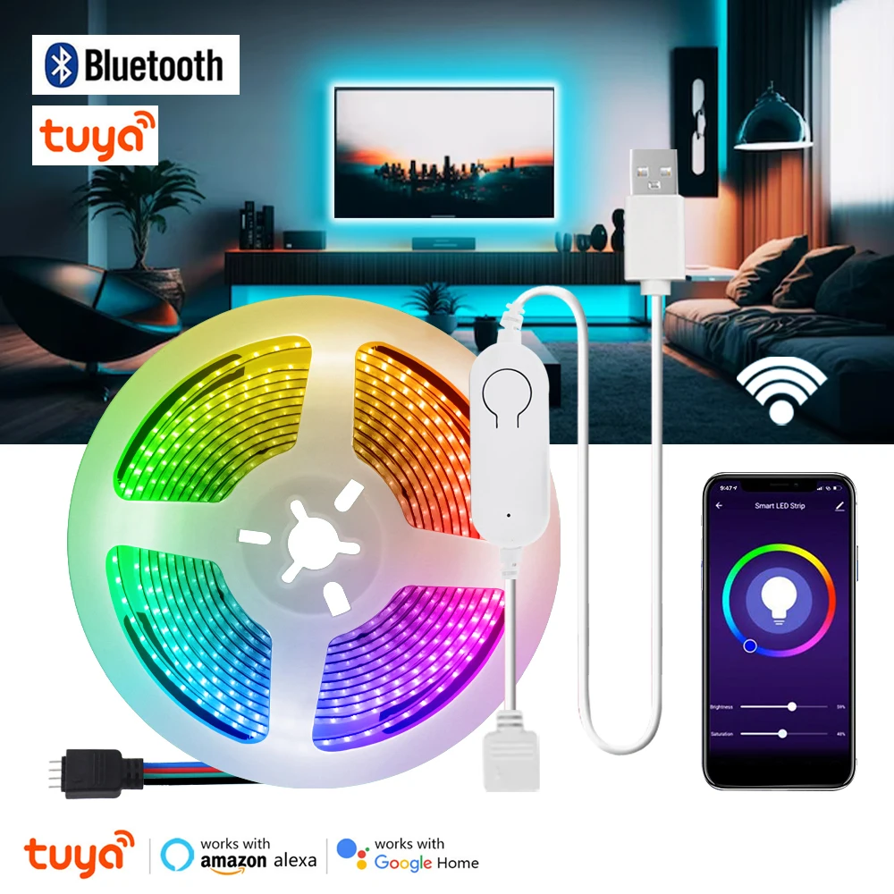 Tuya WIFI Bluetooth COB LED Strip 5V USB RGB LED Tape Smart Voice Remote  Control Flexible Ribbon RGB TV Backlight Home Decor - AliExpress