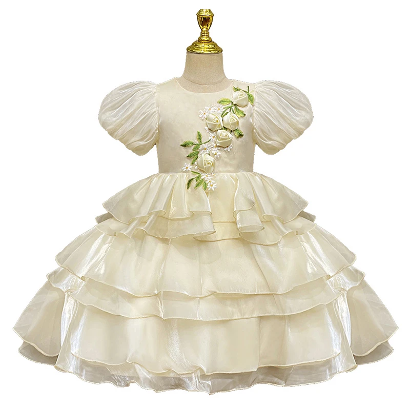 Party Dresses Girl Princess Dress Summer Puff Sleeve Ball Gown Children Floral Mesh Cake Set