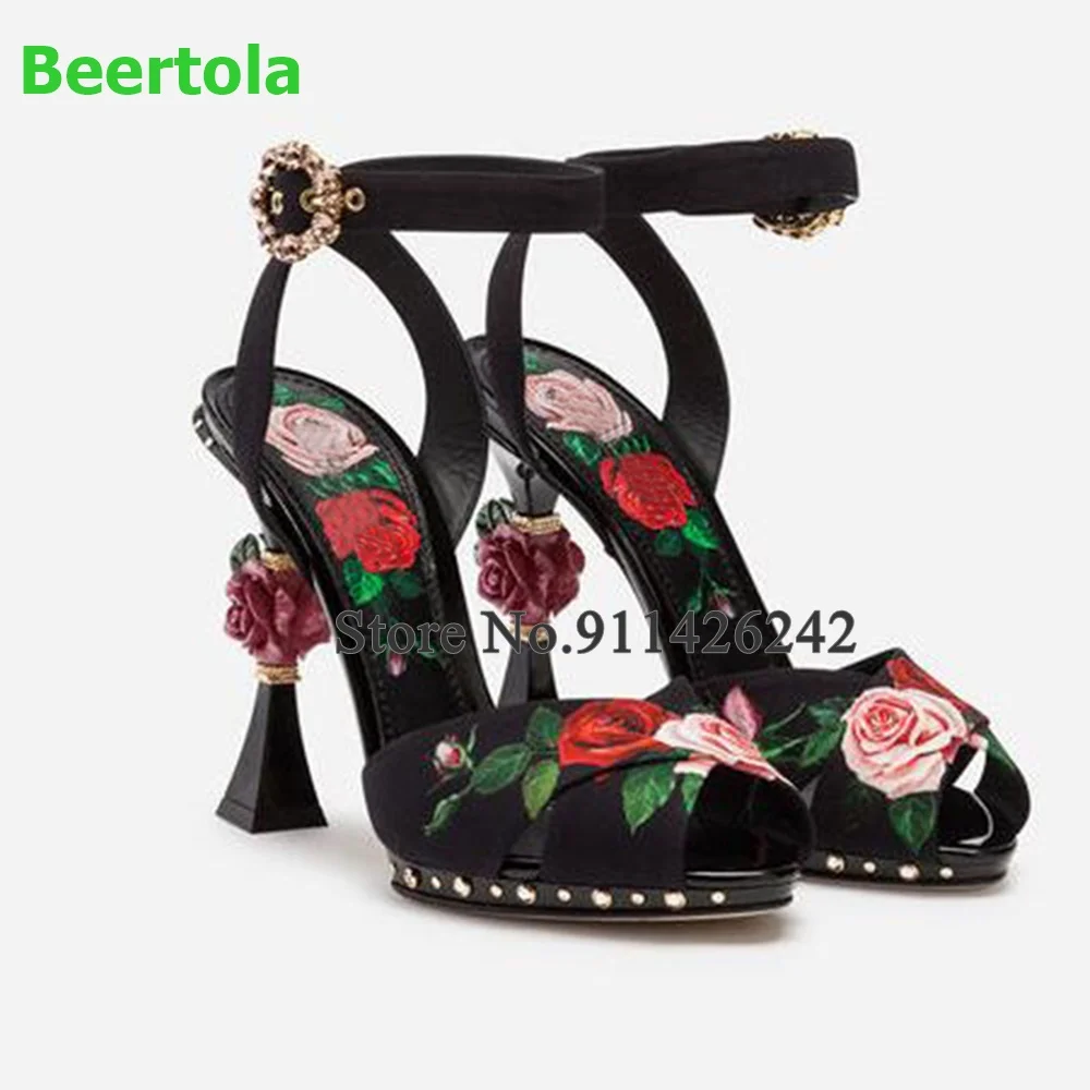 

Black Printing Flower Rose Design Heel Sandals For Female Women Peep Toe Ankle Buckle Strap Slingback Elegant Wedding Shoes