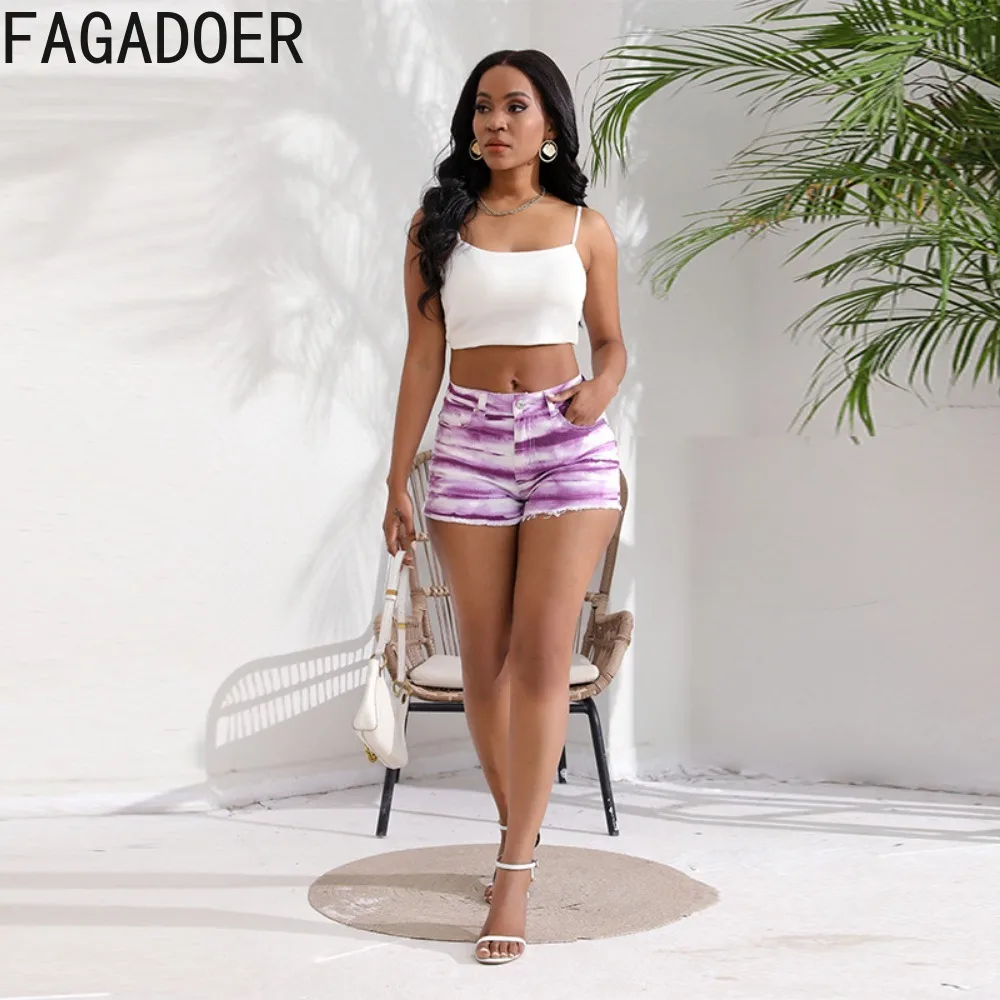 FAGADOER Fashion Streetwear Women Tie Dye Printing High Waisted Button Pocket Denim Shorts Casual Female Matching Bottoms 2024