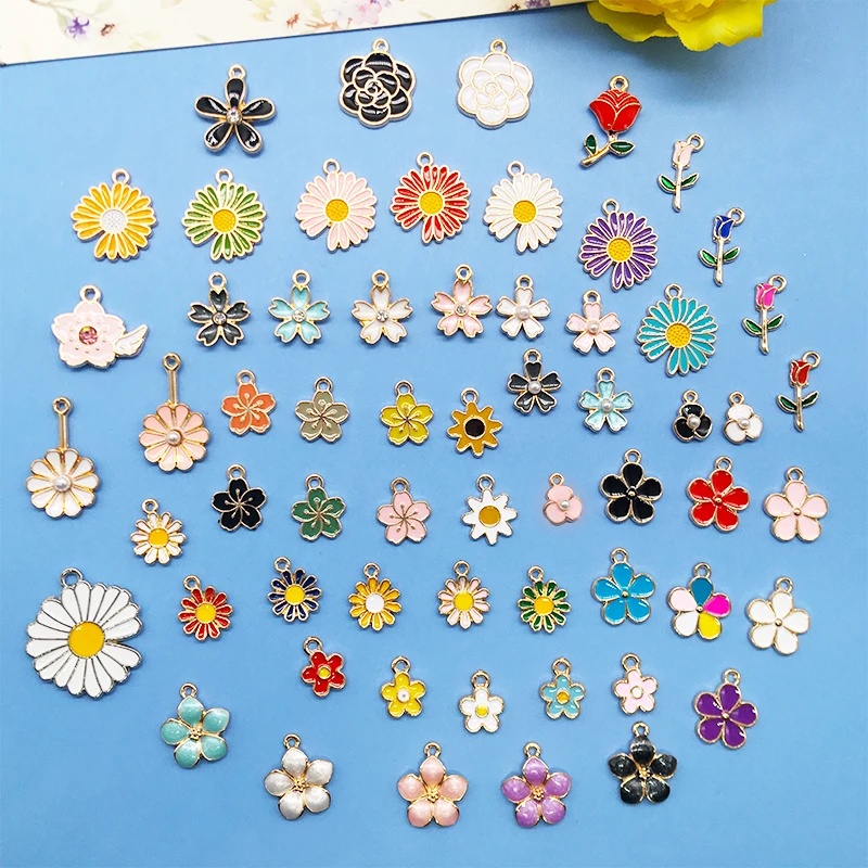 믹스 60 Pcs 도매 에나멜 꽃의 매력 로즈 사카루 데이지 펜던트 목걸이 팔찌 귀걸이 DIY 쥬얼리 결과 만들기