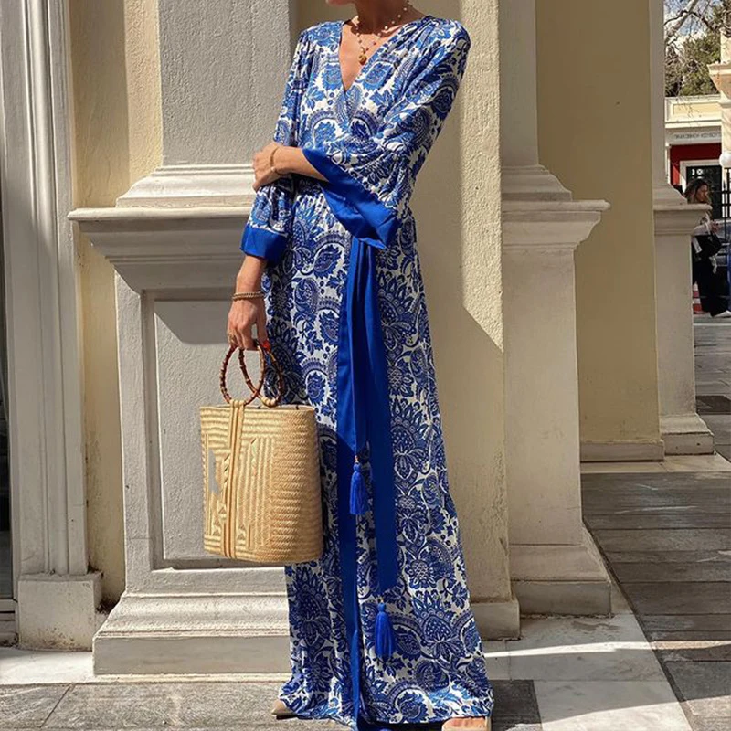 

Spring Flare Sleeve Pattern Printed Long Dress New Ladies Elegant V-neck Slim Party Dress Elegant Lace Up High Waist Robe Dress