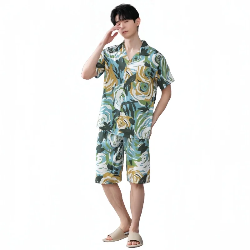 

Summer Men's Ice Silk Pajamas Lapel Short Sleeve Shorts Oversized Loose Fitting Home Clothing Set Fashion Casual Sleepwear