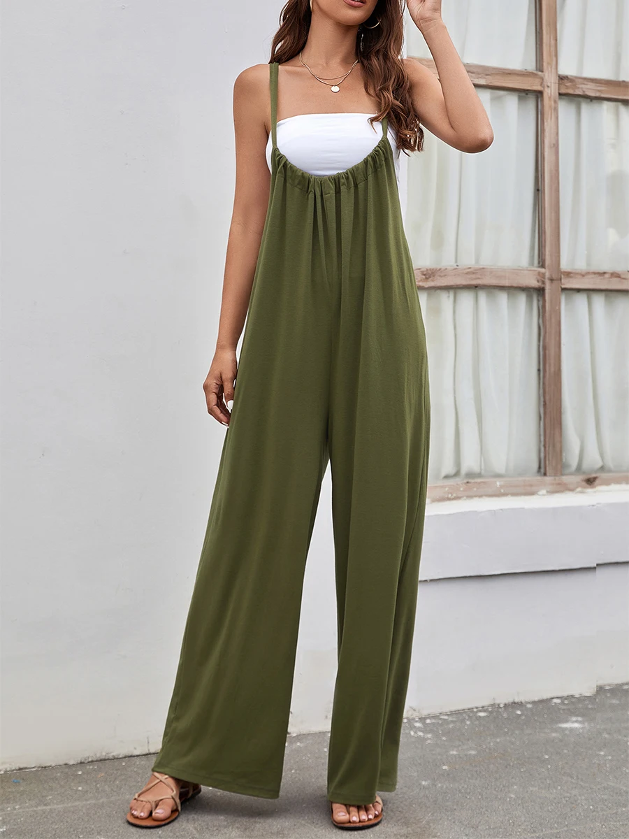 

Casual Jumpsuits Women's 2023 Strap Sleeveless Loose Wide-Leg Romper with Large Pocket Trousers Summer Solid Bib Overalls Outfit