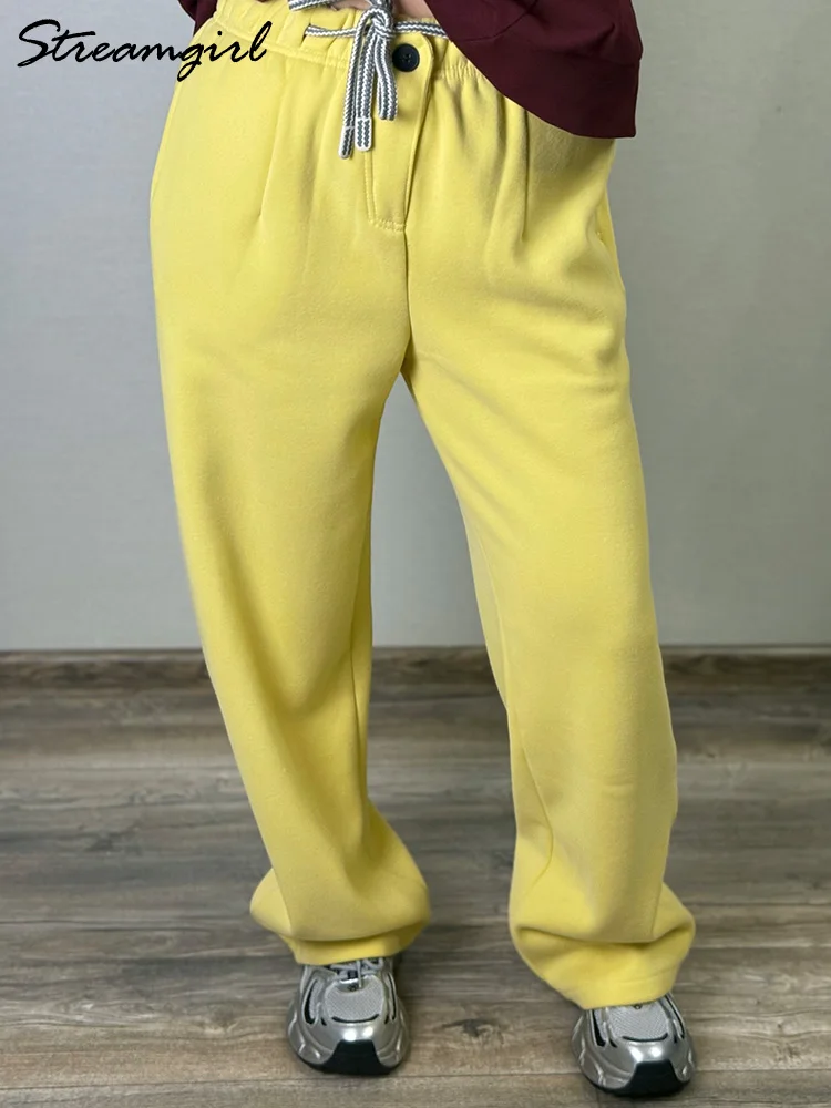 FACDIBY Pantaloni della tuta da donna in pile a gamba larga, invernali, caldi, termici, a gamba dritta, con tasche, Bianco grigio, XL