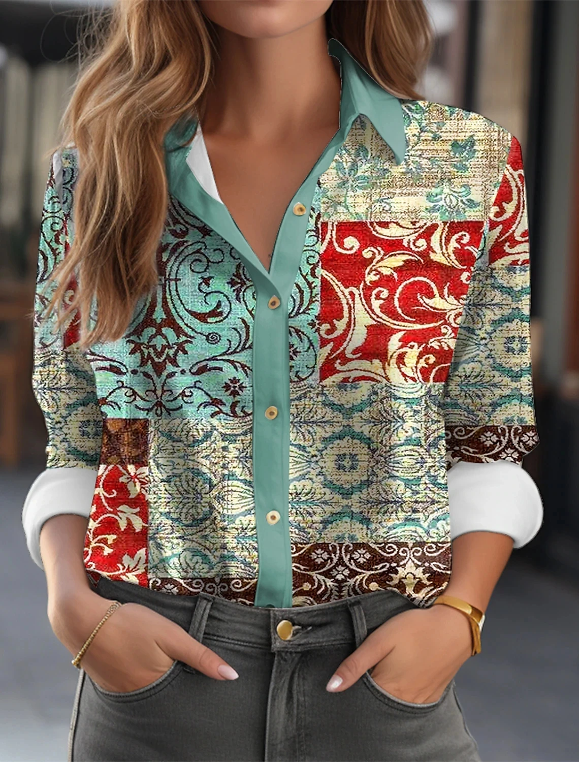 

Woman shirts & blouse Retro design print Button Long Sleeve Fashion Shirt 2024 Spring & Fall Female clothing blouses Tops