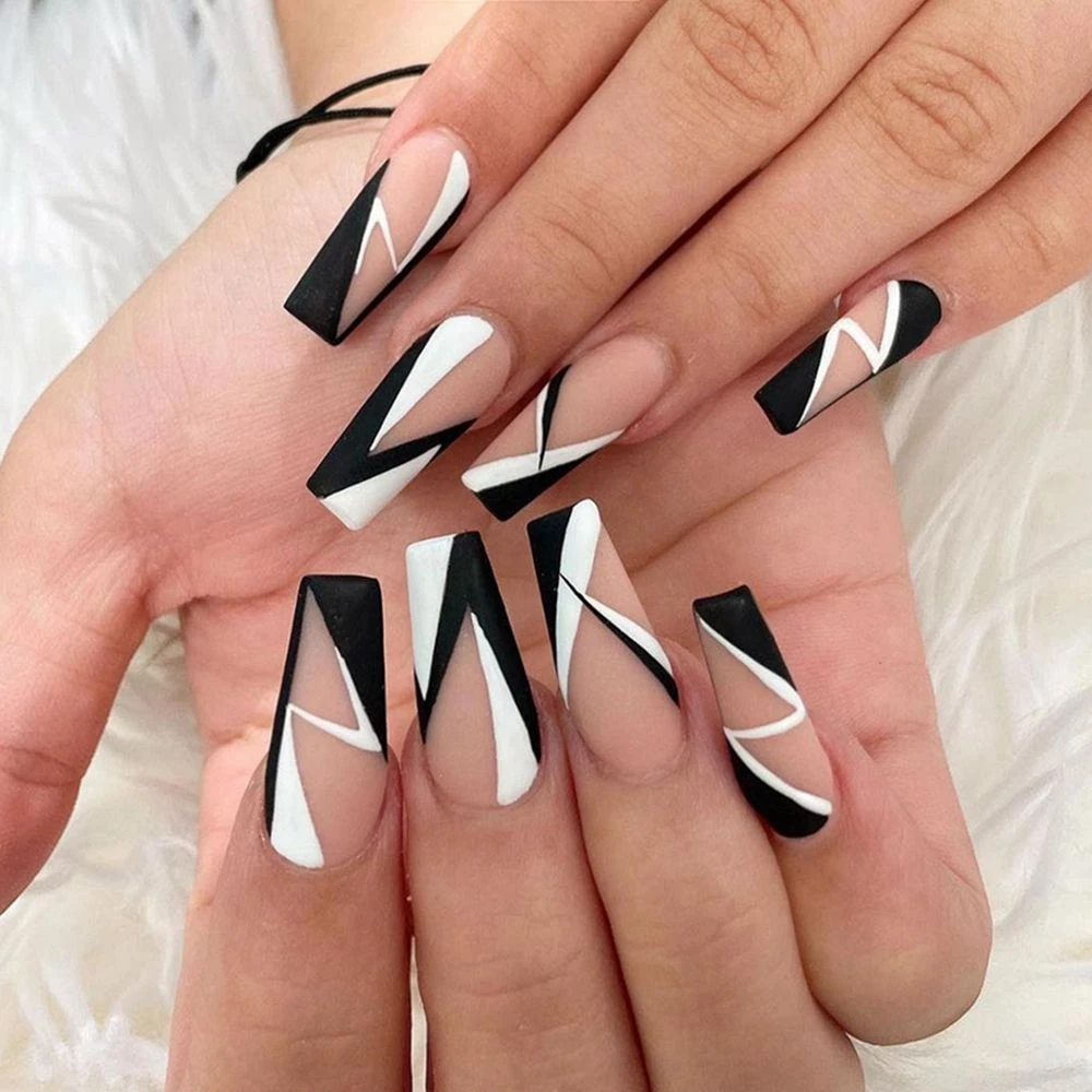 24pcs Black White Lines Long Coffin False Nails Wearable Ballerina Geometry  Fake Nails Full Cover Nail Tips Press On Nails - False Nails - AliExpress