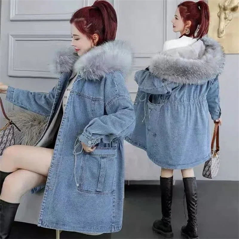 Gola de pele solta coreana com capuz parka longa para mulheres, jaqueta jeans grossa, jeans feminino, parkas quentes, outwear de inverno, novo, 2023