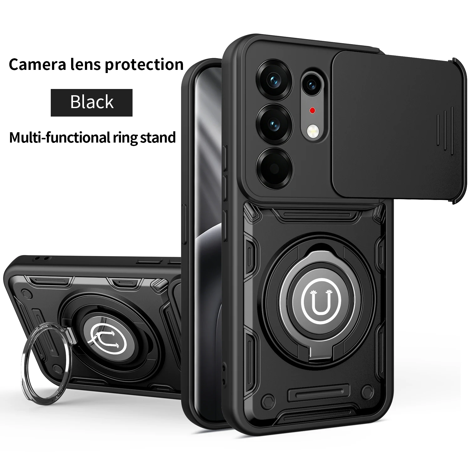 Enhanced Shockproof Armor Case with Slide Camera Lens Protection and Metal Ring Holder