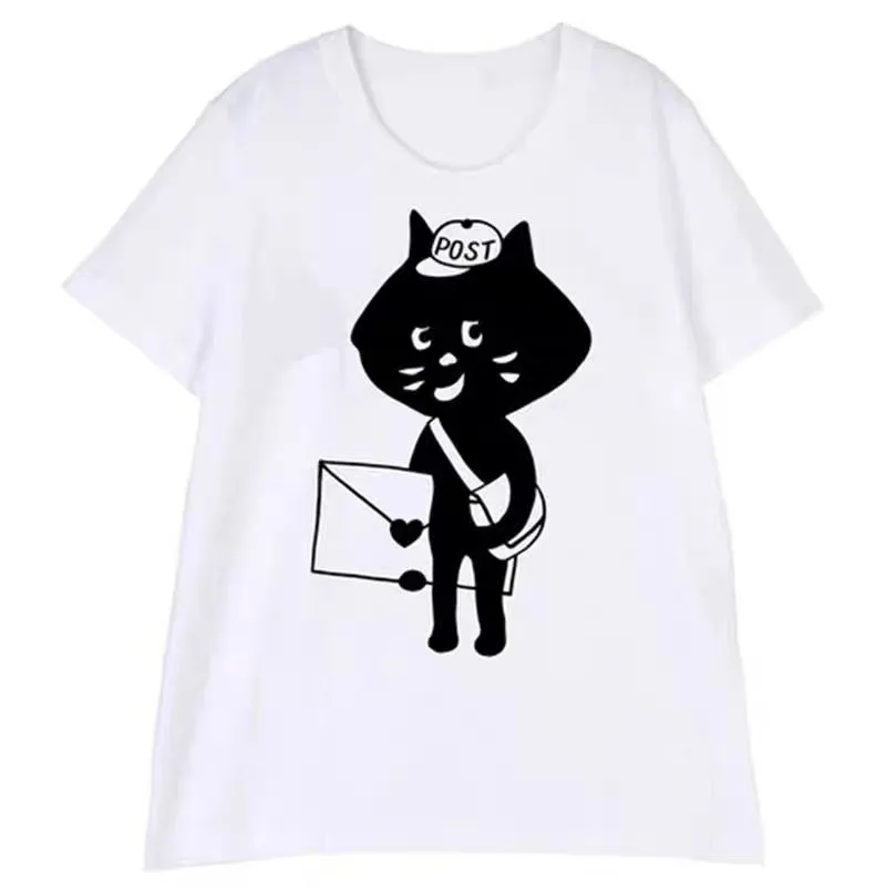 Niedliches, trendiges, überraschendes Katzen-Cartoon-Kurzarm-T-Shirt im japanischen Stil aus reiner Baumwolle mit lockerer Passform