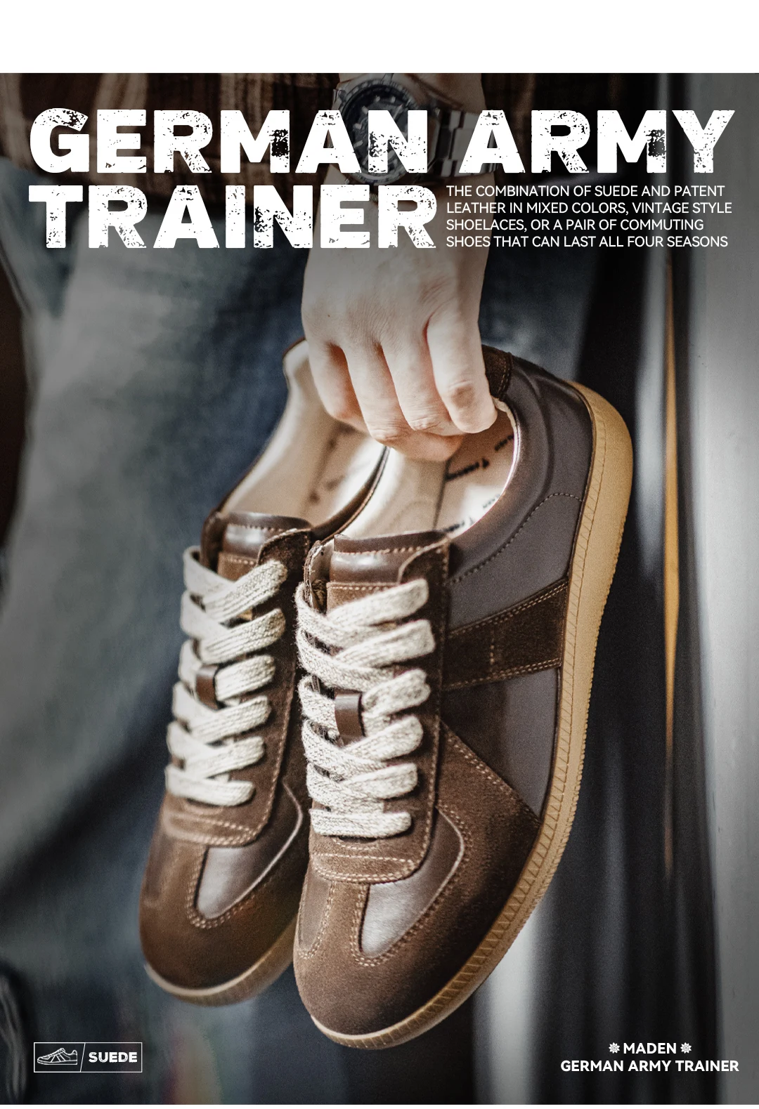 Maden Classic Brown Spliced German Trainer Shoes Flat Low-top Sneakers for Men's Spring and Autumn Casual Lace-up Sporty Shoes