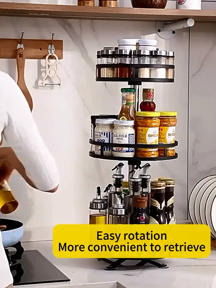 Condiment Floor Rack Multipurpose 3-Layer Rotating Storage Rack, Space-Saving, Anti-Slip ...