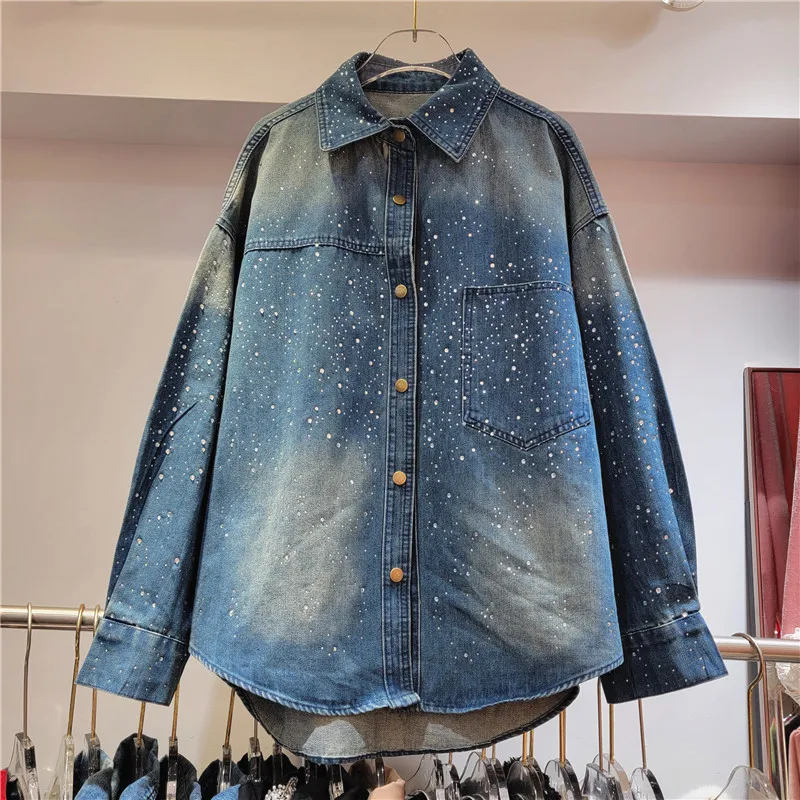 

Autumn New Women Diamond Big Pocket Cowboy Shirt Jacket Casual Lapel Long Sleeve Single-breasted Female Jeans Jacket Streetwear