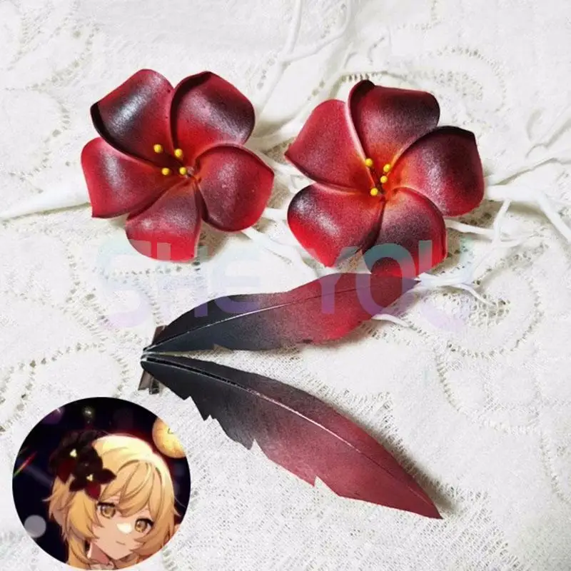 

Genshin Impact Lumine Headwear Black Red Flower Hairpins Anime Cosplay Costume Accessory Props Hairwear