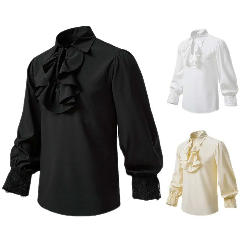 

Vintage Men's Renaissance Victorian T Shirt Gothic Steampunk Victorian Shirt Male Ruffles Middle Ages Halloween Costume Clothes
