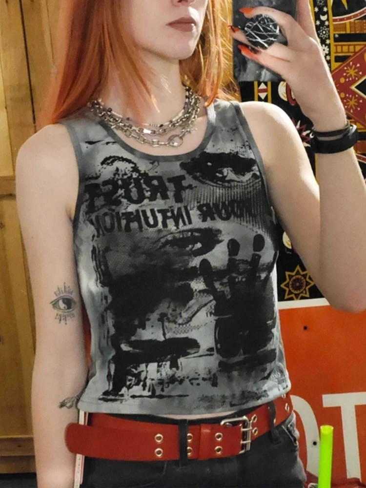 

2024 Tie Dyed Emo Gothic Tank Top Women's Summer Y2K Clothing Casual Round Neck Sleeveless Short Top Tank Top Street Wear