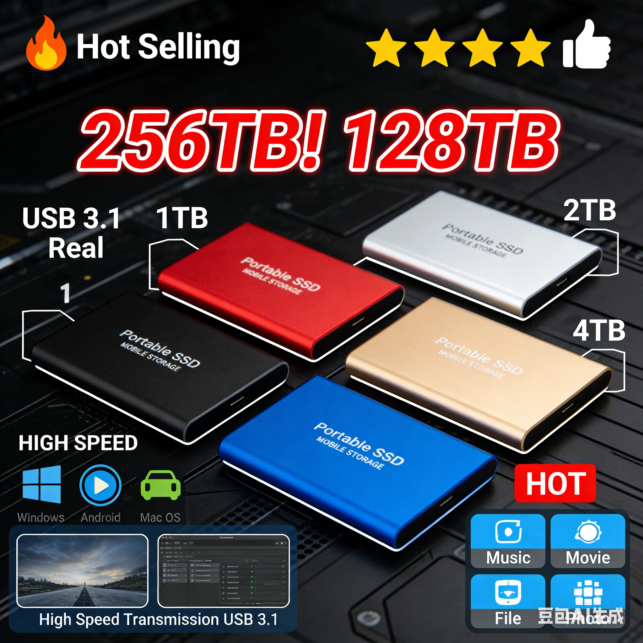 Disco Duro Externo Original SSD de 2 TB, Disco Sólido Portátil de Alta Velocidad USB 3.1 de 4 TB, 64 TB, 128 TB para Computadoras Portátiles/PC/MAC/Teléfono 1