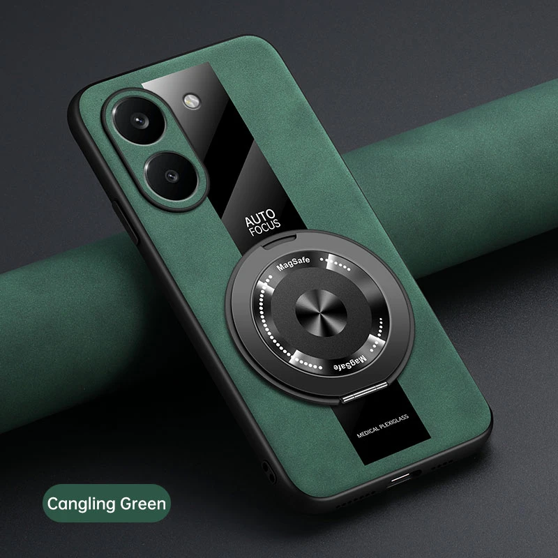 Luxury Leather Magnetic Holder Phone Case with Ring and Silicone Bumper