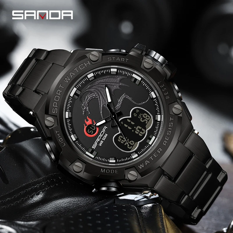 SANDA 2023 New Fashion Men Outdoor Sports Watches Luxury Gold Case Multifunctional Chronograph Watch Luminous Waterproof 3171
