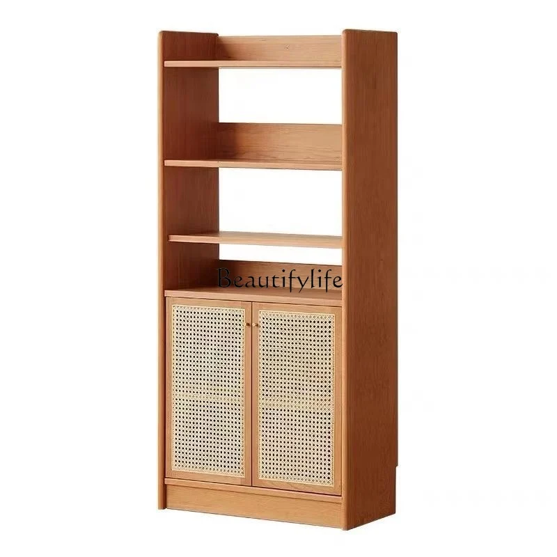 

Nordic Solid Wood Japanese-Style Simple Floor Standing Storage Cabinet Integrated Cherrywood Furniture Rattan Storage Rack