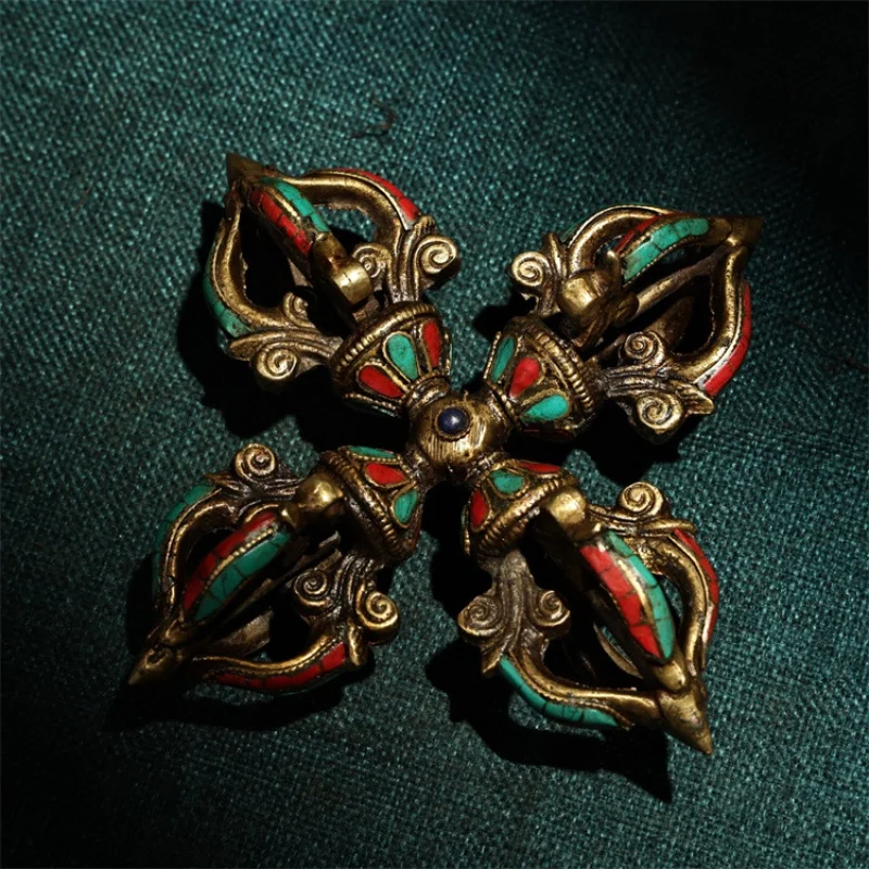 

Pure Copper Painted Handmade Inlaid Gem Cross Dorje Demon Dharma-Vessel Nepal Tantra Dharma-Vessel