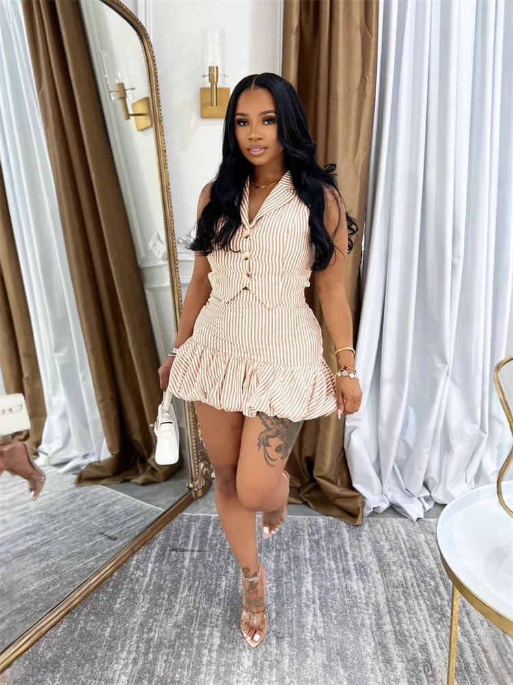 Wmstar Two Piece Sets Women Clothing Wholesale Shorts Sets Striped Single Sleeveless Vest Waistcoat Skirt Sets Office Lady