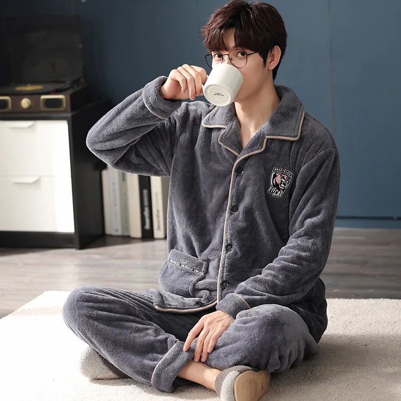 Men's Pajamas Autumn And Winter Flannel Long Sleeved Trousers  Casual Simple Cardigan Coral Velvet Home Suit