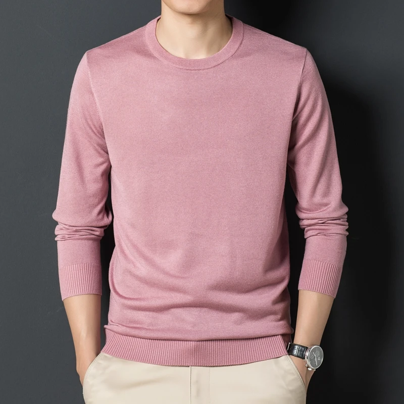 Top Grade Mens Silk Wool Clothing Autumn Solid Color Long Sleeve Knit Jumpers Male O-Neck Soft Silk Knitting Tee Shirts