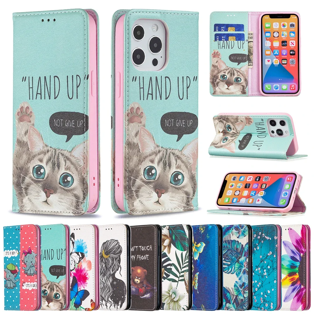 

Wallet Colorful Animal And Plum Design Leather Case For iPhone 14 Pro Max 13 Mini 12 11 SE 2022 2020 X XR XS Max 8 7 Plus Cover