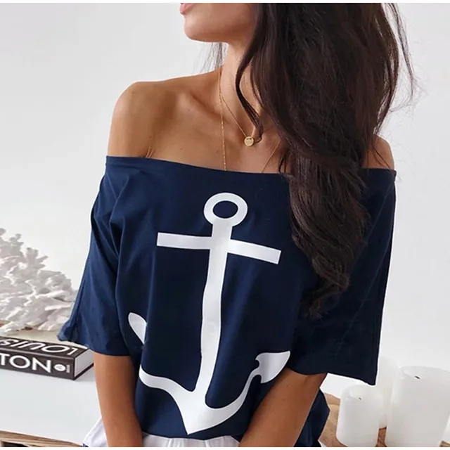 Casual Dress Suit Women Fashion Letter Printed Striped Skirt Two Pieces Sets Boat Anchor Print Off Shoulder T-Shirt Skirt Set 5