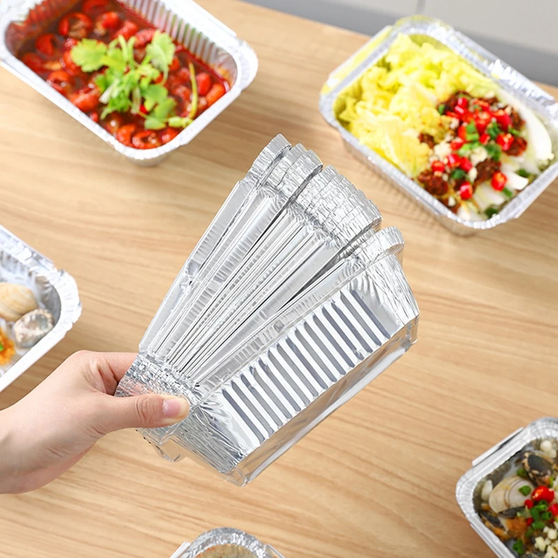 50pcs Aluminum Foil Tray Pan Disposable Thickened Food Container BBQ Tray  Takeaway Packing Boxes for Kitchen