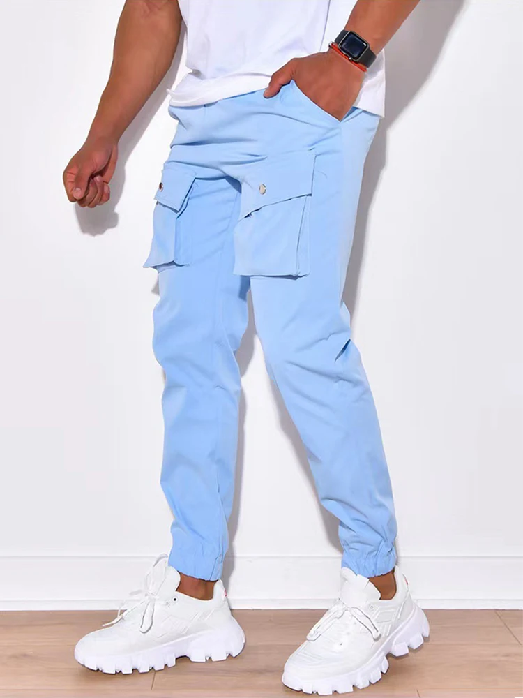 

Men's Clothing Mid Waist Multi-pockets Slim Cargo Pants Streetwear Male 2yk Trousers Casual Sport Solid Drawstring Jogger Pants