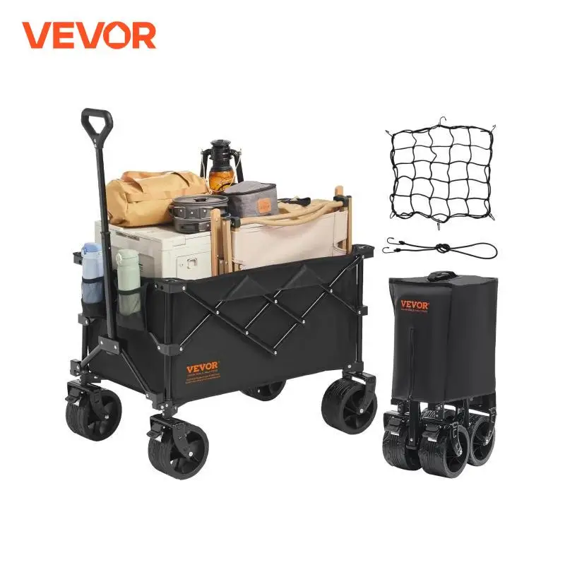 Portable Hand Cart VEVOR Collapsible Folding Wagon Beach Wagon Cart with All-Terrain Wheels Drink Holders Sports for Camping Shopping Garden