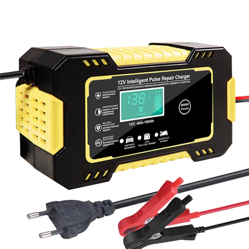 Smart LCD Display Car & Motorcycle Battery Charger with Pulse Repair - 12V 6A Lead-Acid, AGM, Deep Cycle & GEL Fast Charging