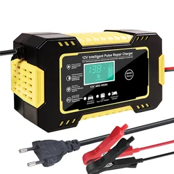 Smart LCD Display Car & Motorcycle Battery Charger with Pulse Repair - 12V 6A Lead-Acid, AGM, Deep Cycle & GEL Fast Charging (Yellow EU Plug)