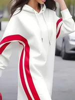UOOZEE Womens Fashion Drawstring Striped Hooded Midi Dress Contrast Color Long Sleeves Loose Casual Office White Long Dresses - Image 2