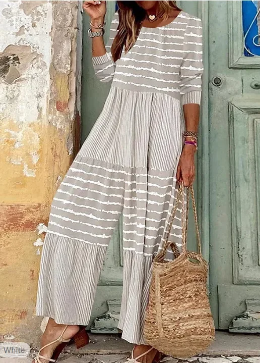 

One Piece Monochromatic Round Neck Jumpsuits for Women, Full Sleeve Overalls, Striped Print, Wide Leg Long Pants, Loose Casual R