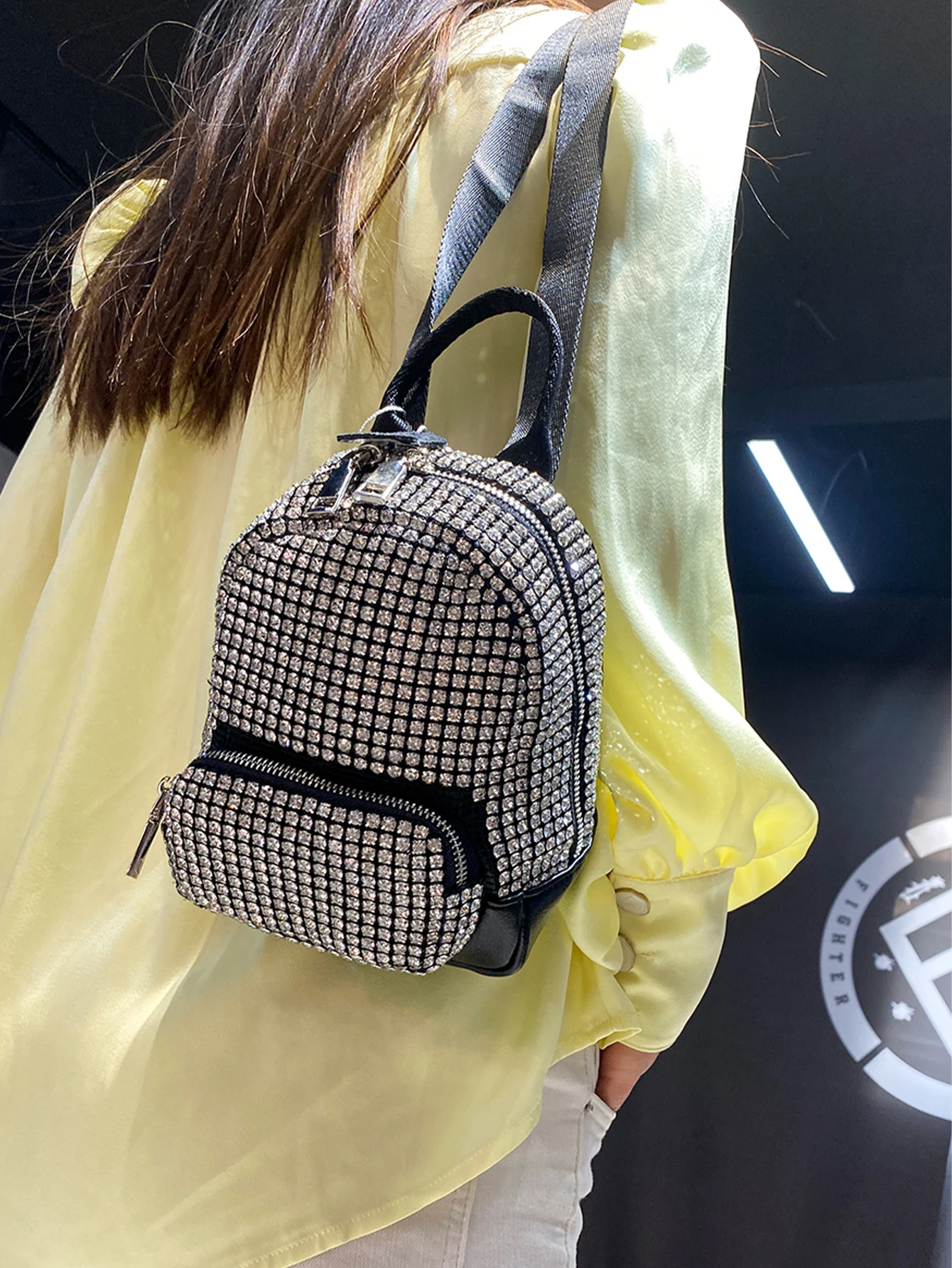 Leather Mini Backpack for Women with Rhinestone