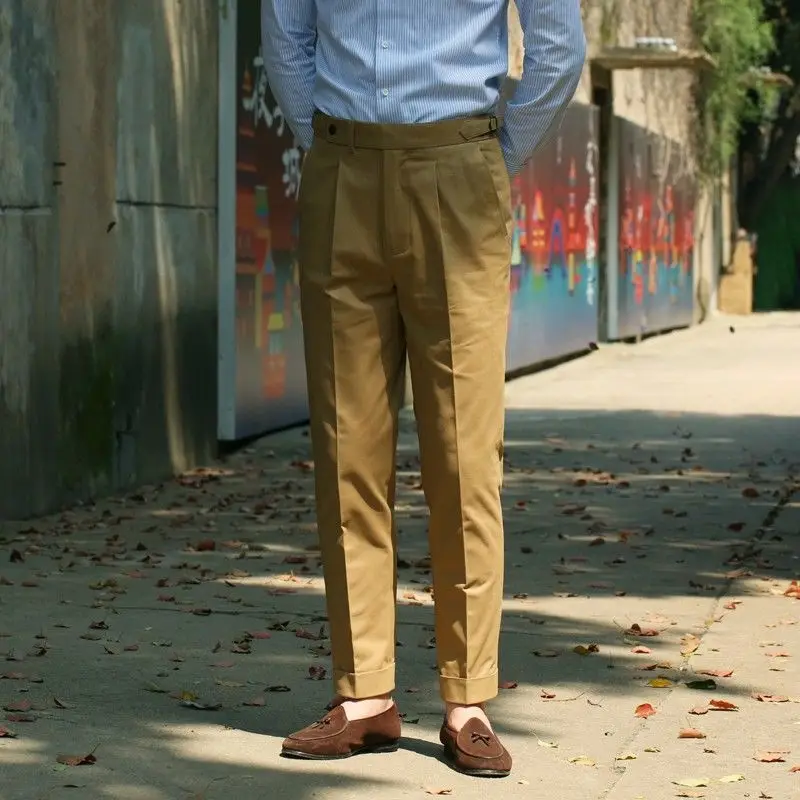 Men Spring Summer Vintage Business Casual Suit Trousers Male Slim Fit Pure Color Trousers Men Formal Dress Pants