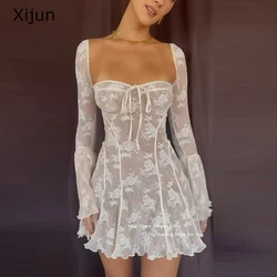 Xijun Ivory Sexy Short Evening Dresses Lace Flower Full Sleeves Prom Dresses Birthday Party Dresses A-Line Sexy Prom Gowns 2023