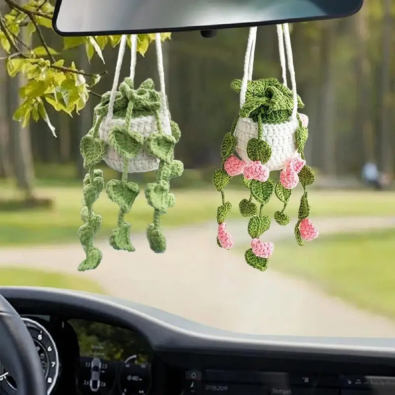

Cute Car Plant Crochet hang ornament Swinging Plant Crochet for Car Decoration Car Rear View Mirror Hanging Ornament Accessories