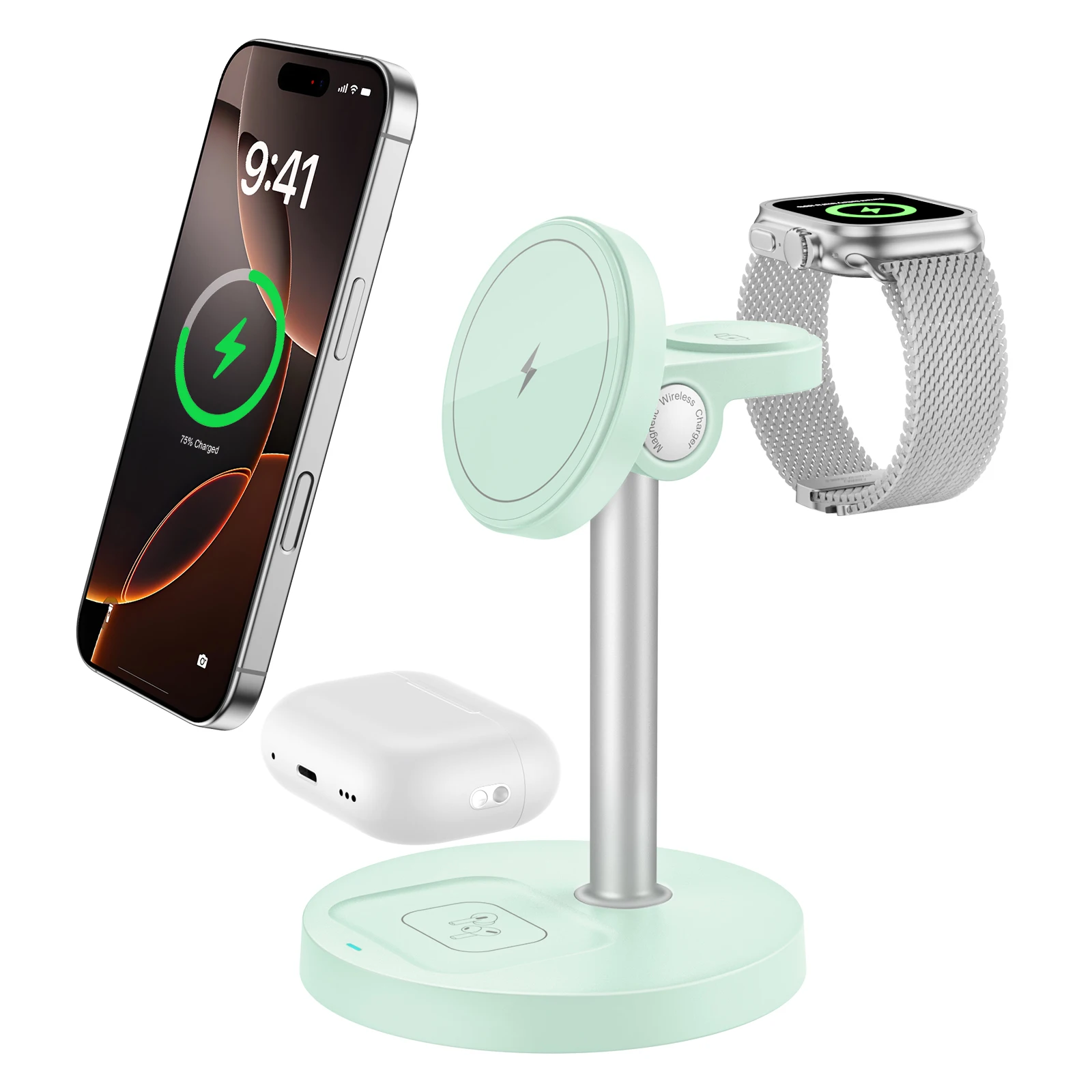 15W Fast Wireless Charging Stand with Adjustable Angle – 3-in-1 Magnetic Charger for Smartphones, Smartwatches, and Earbuds