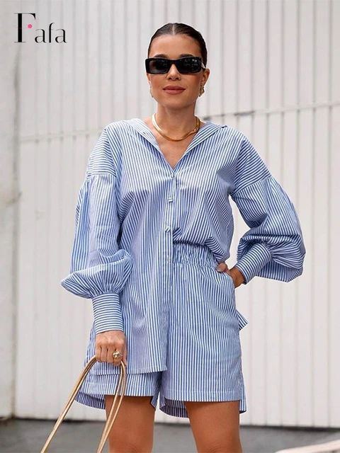 striped blue and white shirt outfit