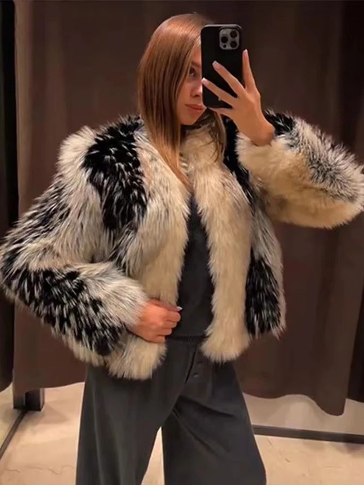 Chic Street Faux Fur Jacket Women Short Coat Elegant Fluffy Loose Warm Long Sleeve Female Outwear 2025 Autumn Winter Lady Jacket