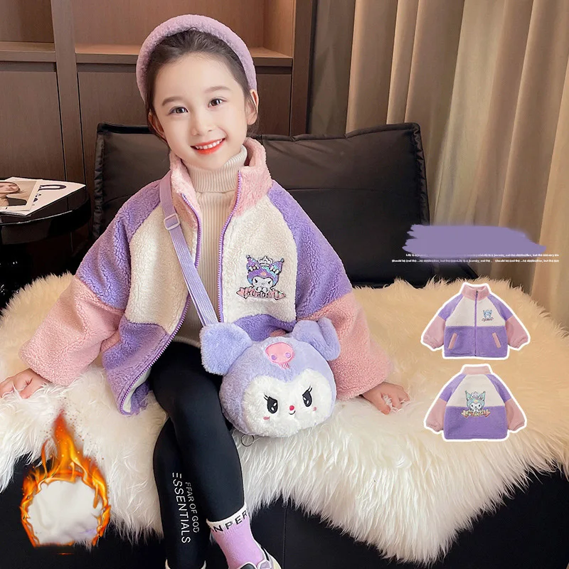 

New Kawaii Sanrio Kids Plush Coat Hellokitty Kuromi Cartoon Anime Shake Fleece Jacket Autumn/winter Thickened Warm Top Girl Gift