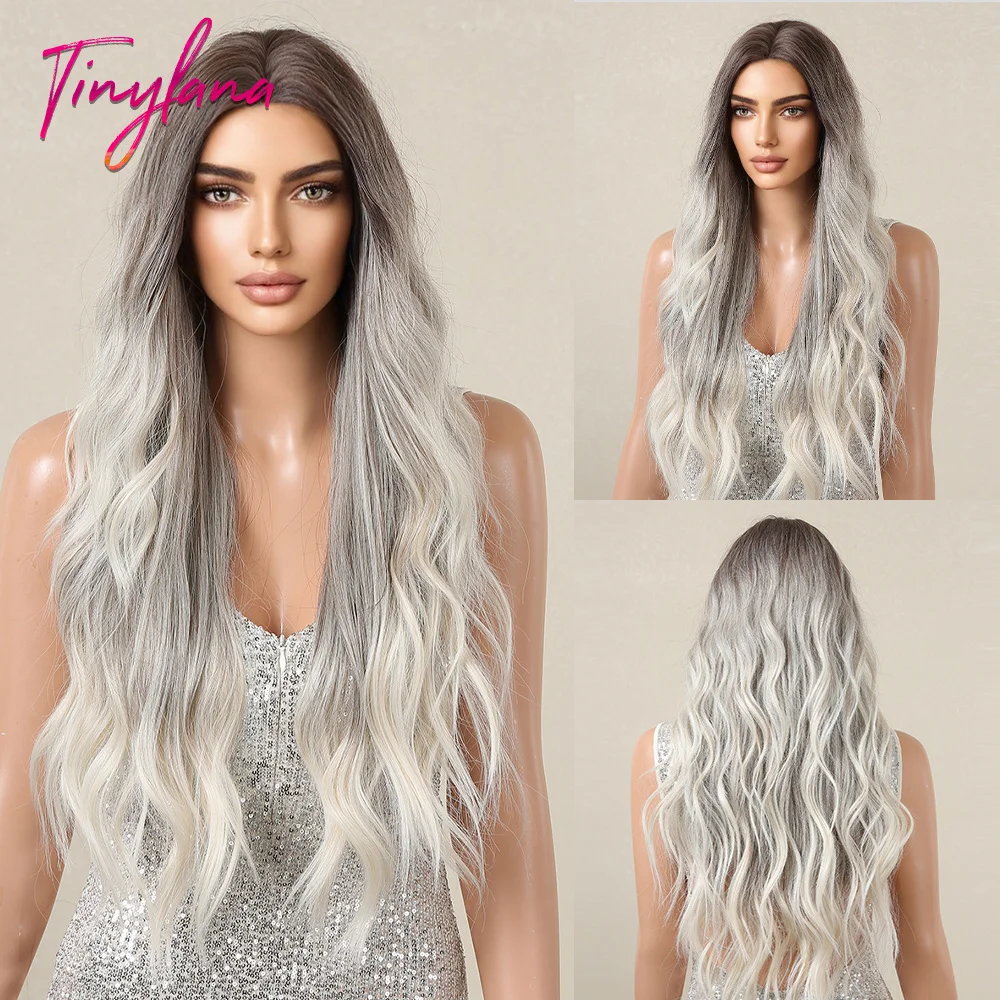 

Brown Silvery Grey Blonde Synthetic Wigs Long Ombre Curly Wavy Hairline Part Lace Wig for Afro Women Cosplay Heat Resistant Hair