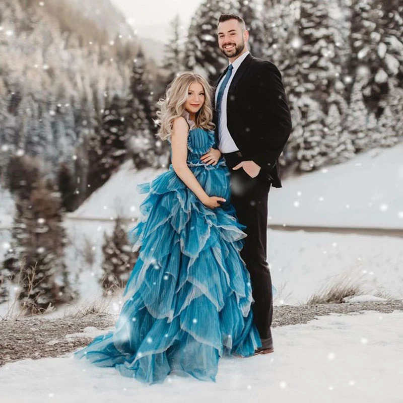 Blue Petal Maternity Dress for Photoshoot Fluffy Pleated Tulle