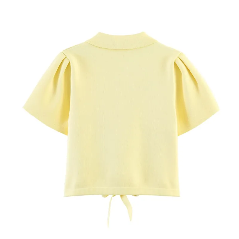 Women's Cardigan with Tie New 2026 Spring Summer Lapel Collar Short Puff Sleeve Knitted Solid Lady Sweater Elastic Female Tops - 2